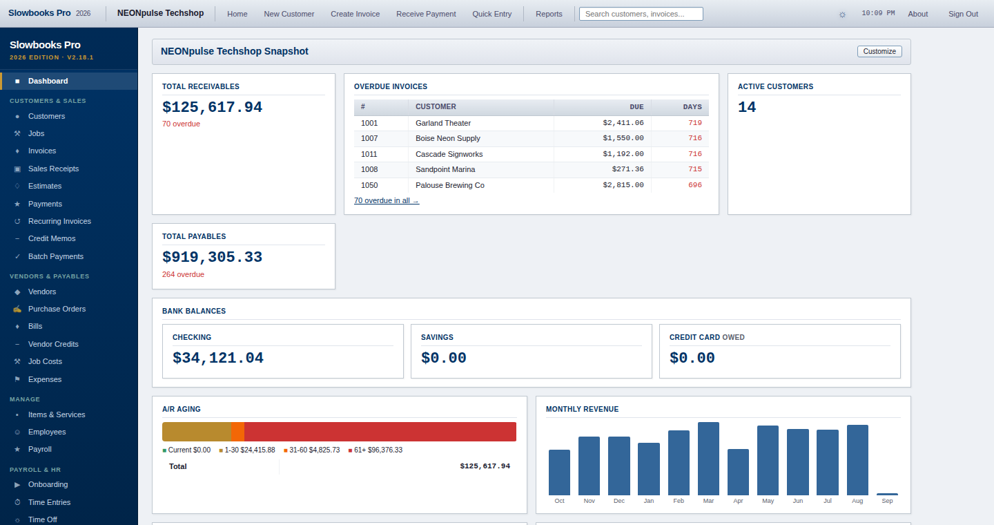 The Company Snapshot in the light theme: receivables, overdue invoices with days overdue, bank balances, the A/R aging bar with its colour key and amounts, and monthly revenue.