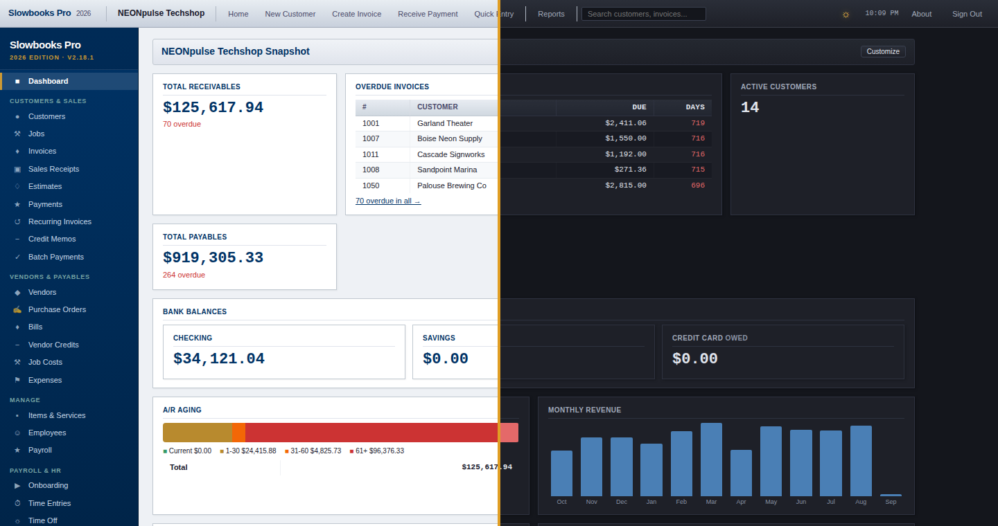 The Company Snapshot split down the middle: the light theme on the left and the dark theme on the right, the same figures, table and A/R aging colour key in both.