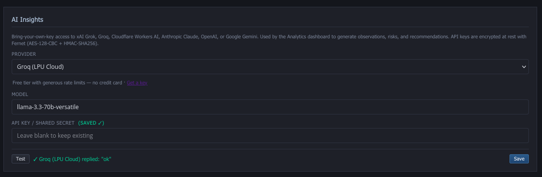 AI Insights provider configuration screen with curated model dropdown and seven supported providers