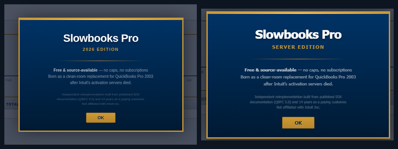 Slowbooks Pro 2026 Edition and Server Edition About dialogs side by side