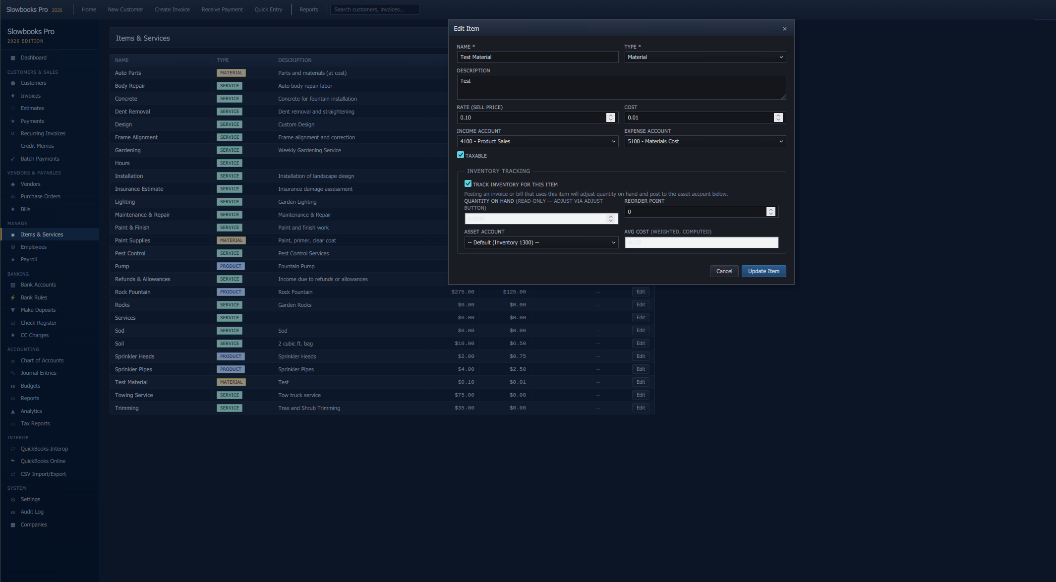 Items form with inventory tracking enabled, showing quantity on hand, weighted-average cost, and reorder point