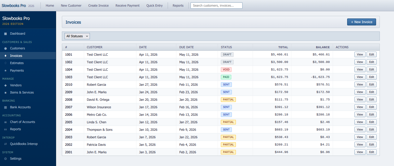 Invoice entry screen with line items, totals, and customer details
