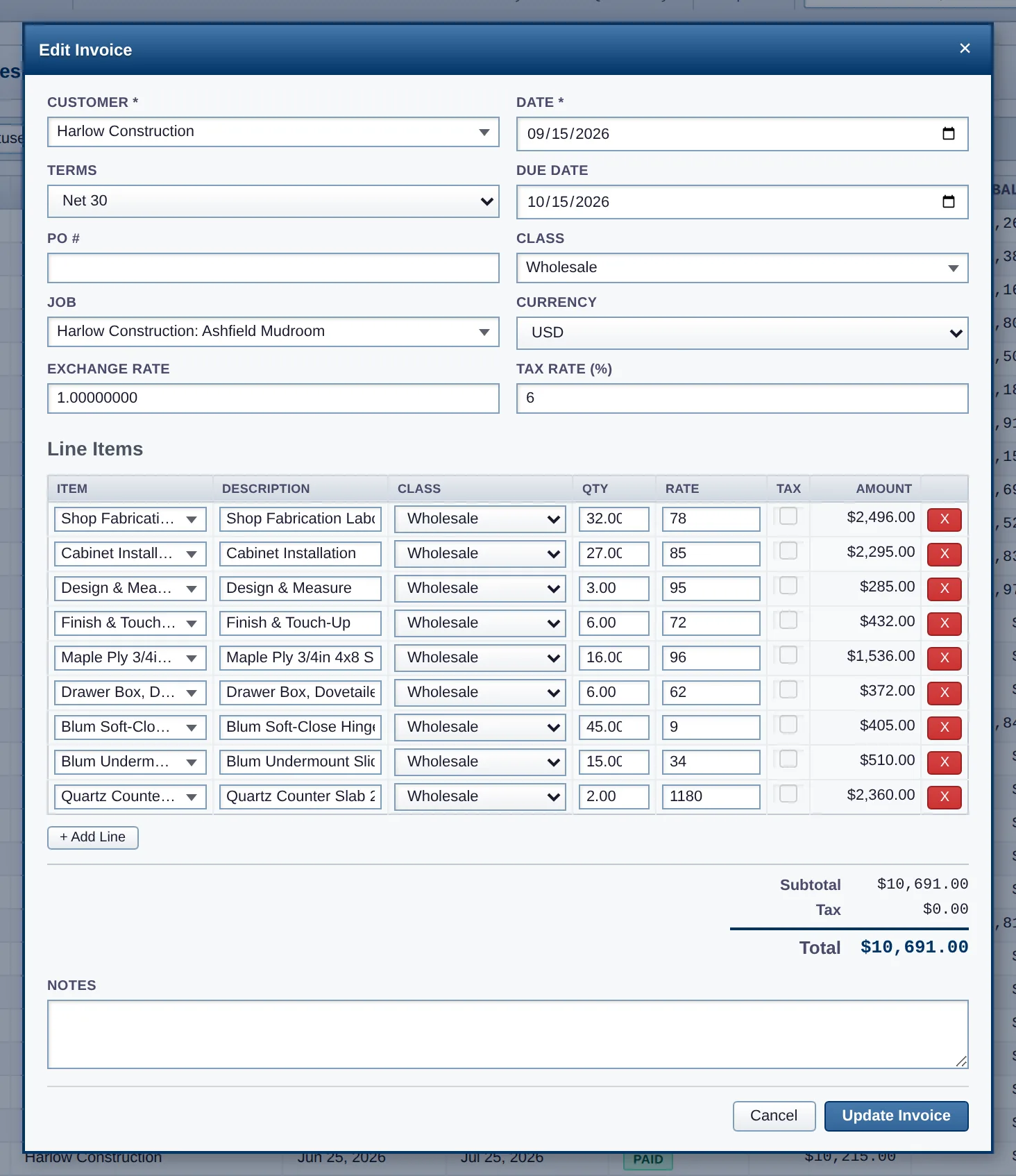 Edit Invoice for Harlow Construction on the Ashfield Mudroom job, Net 30, class Wholesale: nine line items from shop fabrication labor and cabinet installation to maple ply, drawer boxes, hinges, slides and a quartz counter slab, totalling $10,691.00.