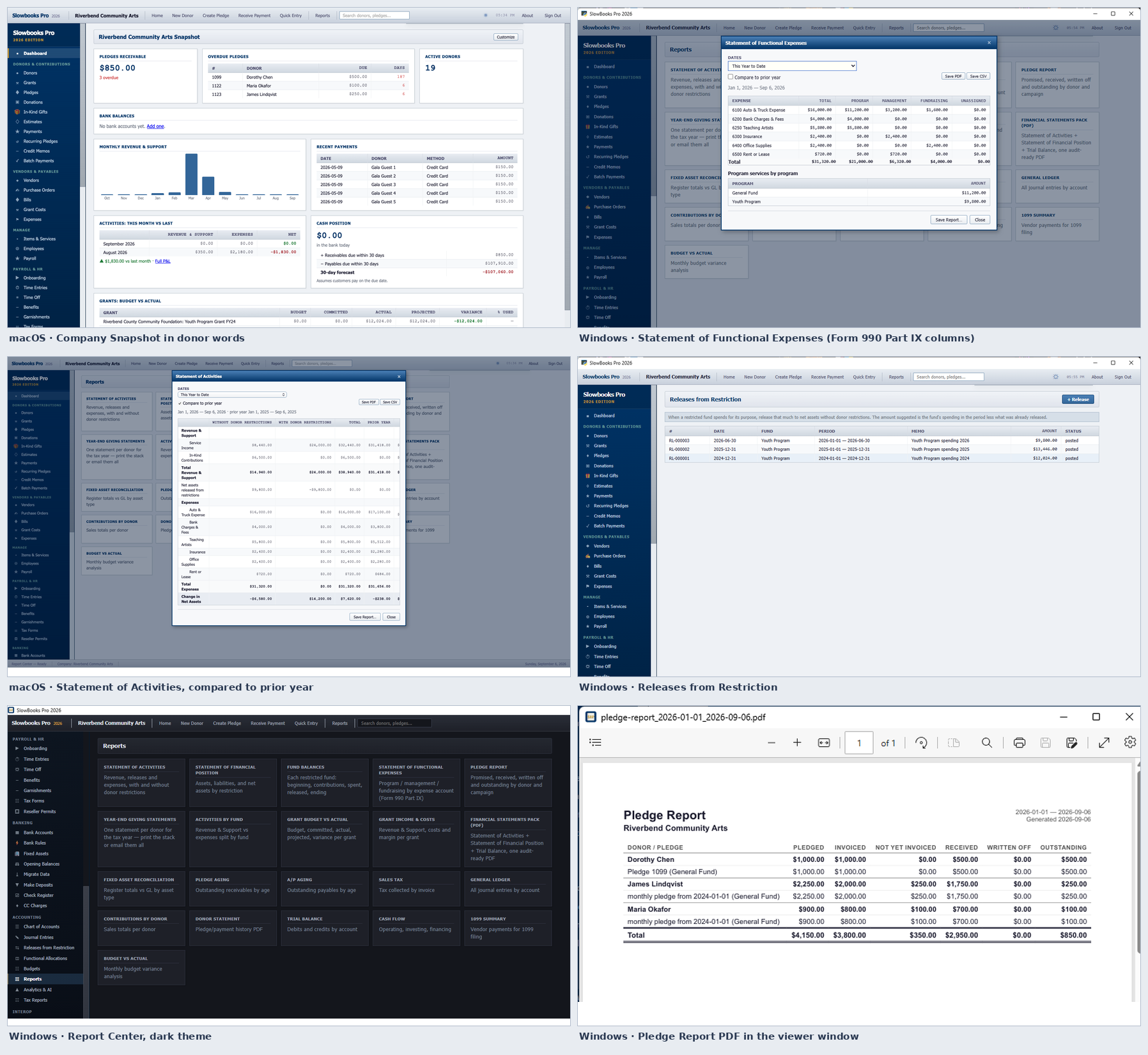 Nonprofit mode on macOS and Windows: the Company Snapshot in donor words, the Statement of Functional Expenses, the Statement of Activities compared to prior year, Releases from Restriction, the Report Center in dark theme, and a Pledge Report PDF