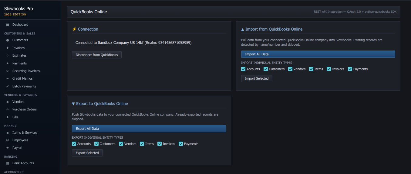 QuickBooks Online integration screen with OAuth connection status and entity sync options