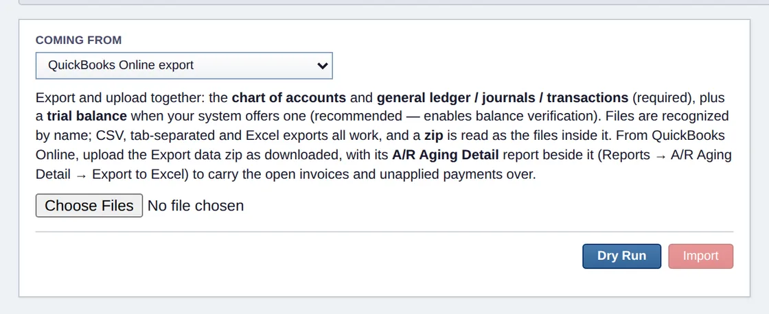 Migrate Data with QuickBooks Online export chosen as the source: upload the Export data zip with the A/R Aging Detail report beside it, then Dry Run or Import.