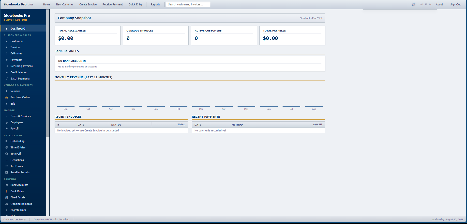 SlowBooks Pro Server Edition dashboard served over an office network, with the Server Edition sidebar badge