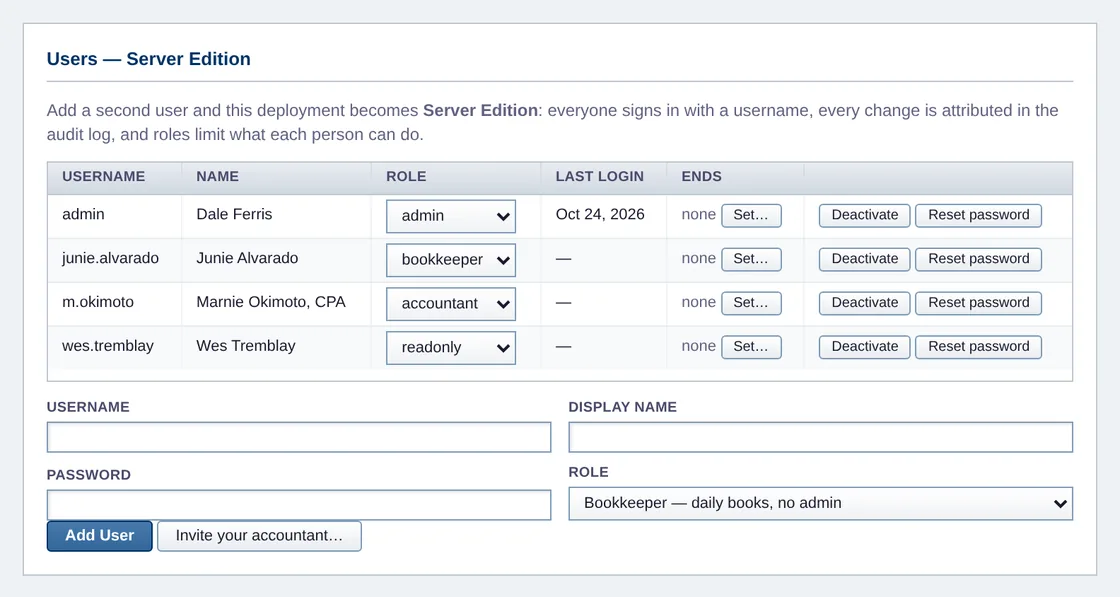 Settings, Users - Server Edition: four users with the roles admin, bookkeeper, accountant and read-only, each with last login, an end date for the sign-in, Deactivate and Reset password, and the form to add a user or invite an accountant.