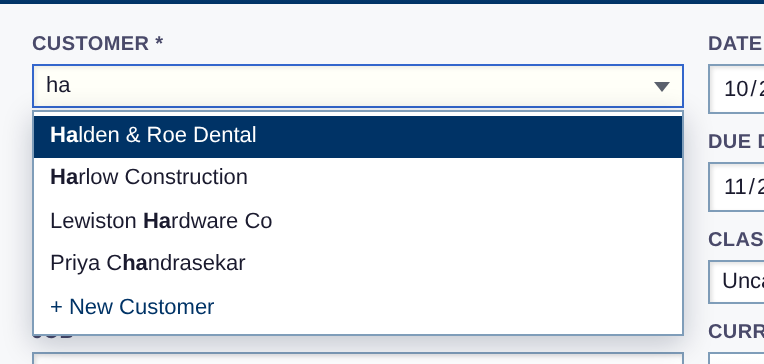 New Invoice with harb typed in the Customer box. The list below it shows Harbor District Events, highlighted, then Harbor Light Bakery and Harbor View Marina, with Harb in bold in each, and + New Customer last.